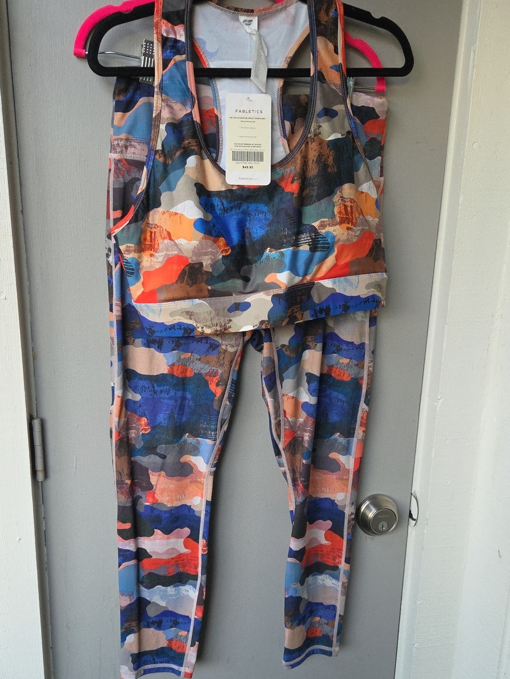 Fabletics Blue Orange Tan & Gray Printed Leggings and Sports Bra Set
